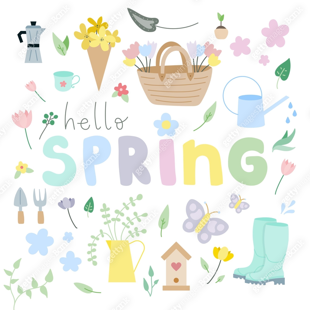 Hello spring. Spring time collection with flowers, plants and gardening ...