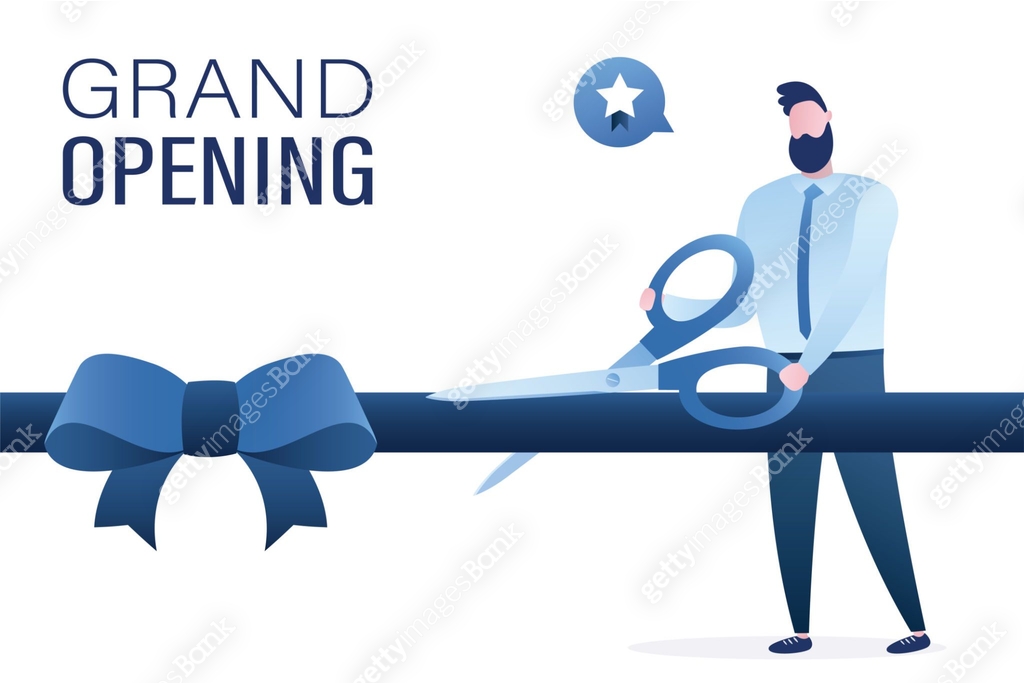 Ribbon cutting ceremony with giant scissors by politician. Businessman ...
