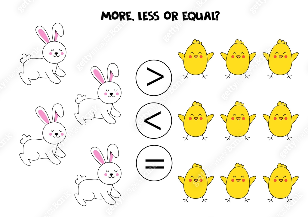 More, less, equal with cartoon Easter chickens and rabbits. 이미지 ...
