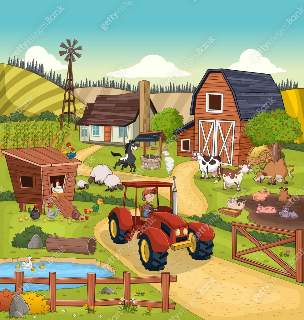 Cartoon farm with animals and farmer on tractor. 이미지 (1387475728) 일러스트 ...