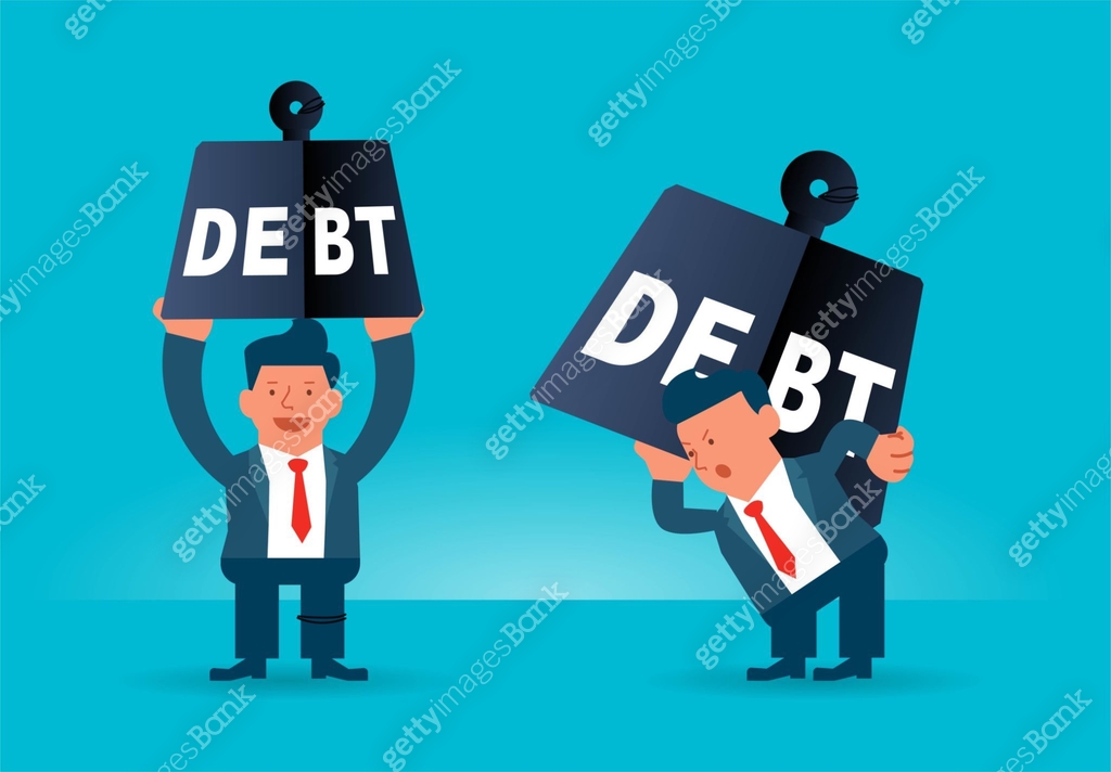 Big debts and small debts, a cartoon businessman lifts up a small debt ...