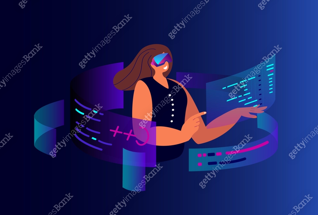 Woman Programmer Working on Web Development in Virtual Reality Head Set ...