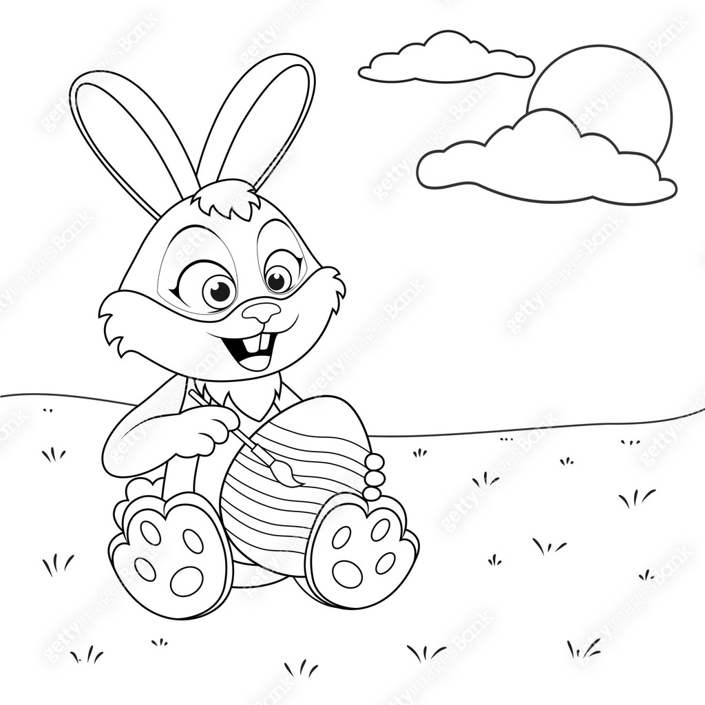 Colourless Rabit Cute smiling Rabbit painting brush Easter egg on lawn. Template of ...