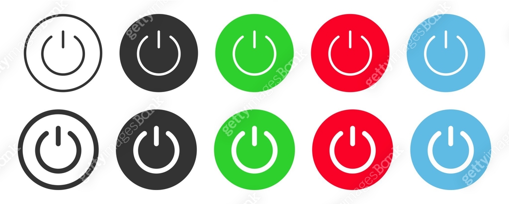 Black, green, red, blue power button icon set. On, off switch symbol ...