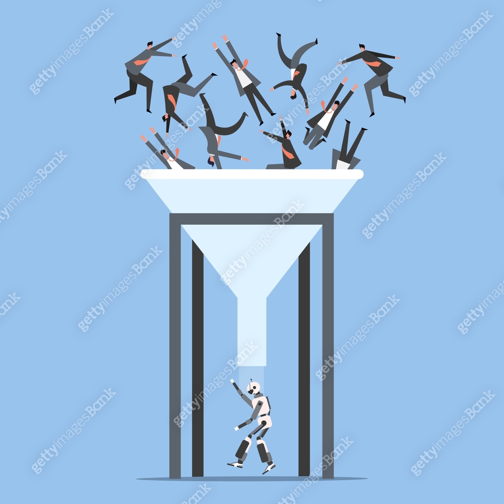 Conceptual illustration a funnel in which many humans going inside as ...