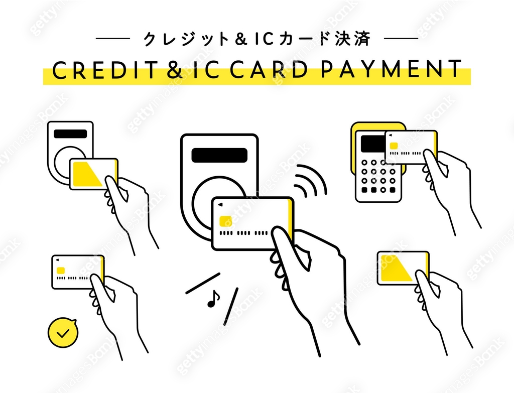Set of illustrations of credit card and transportation IC card payment ...