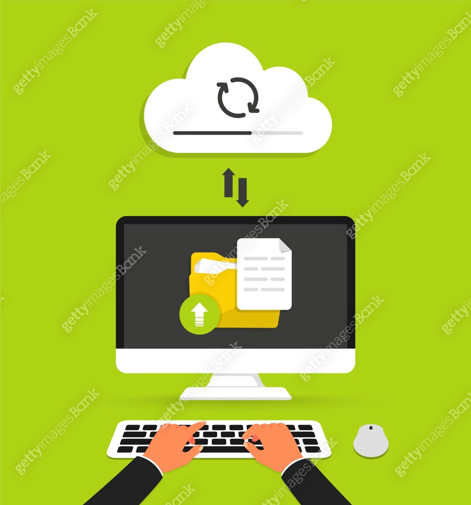Cloud computing. Uploading process on computer screen. Data storage and ...