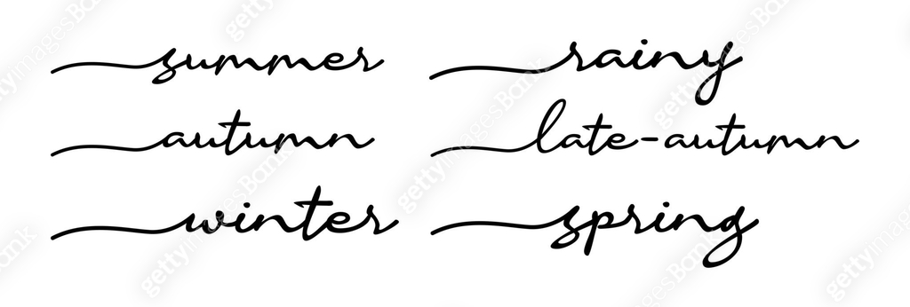 Set of Seasons Handwriting Black Letter Calligraphy. Summer Rainy ...