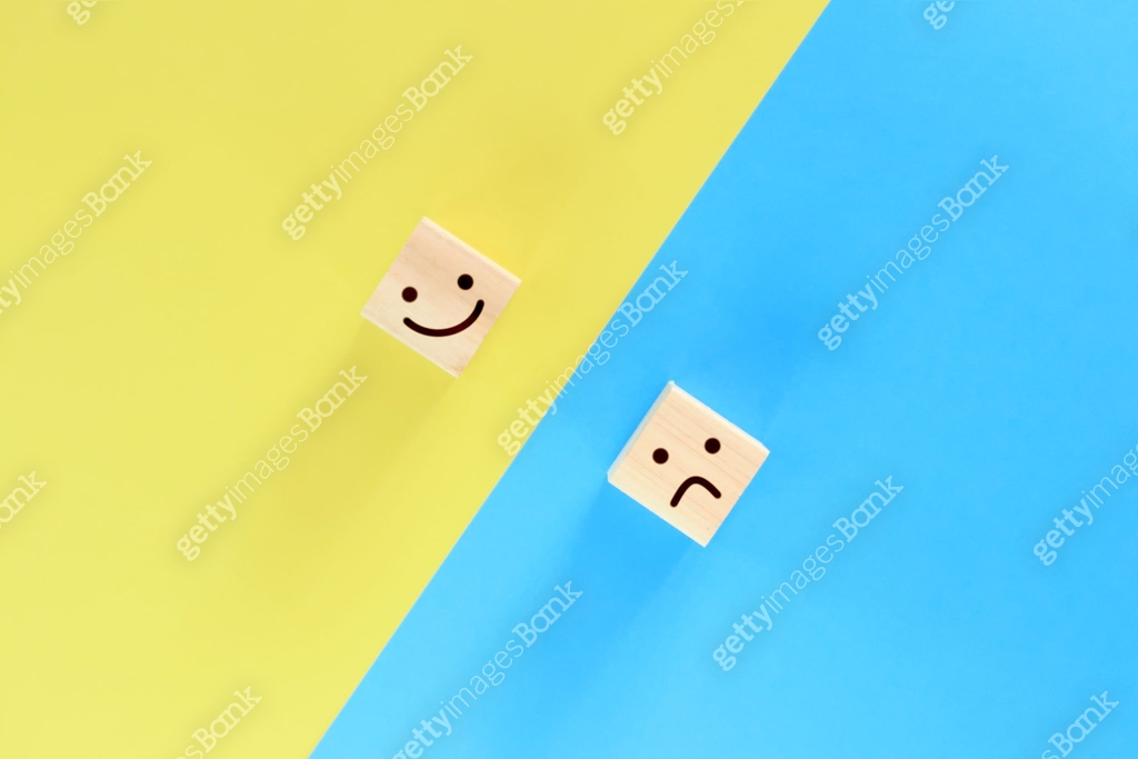 Building blocks with good mood and bad mood expressions on them. 이미지 ...