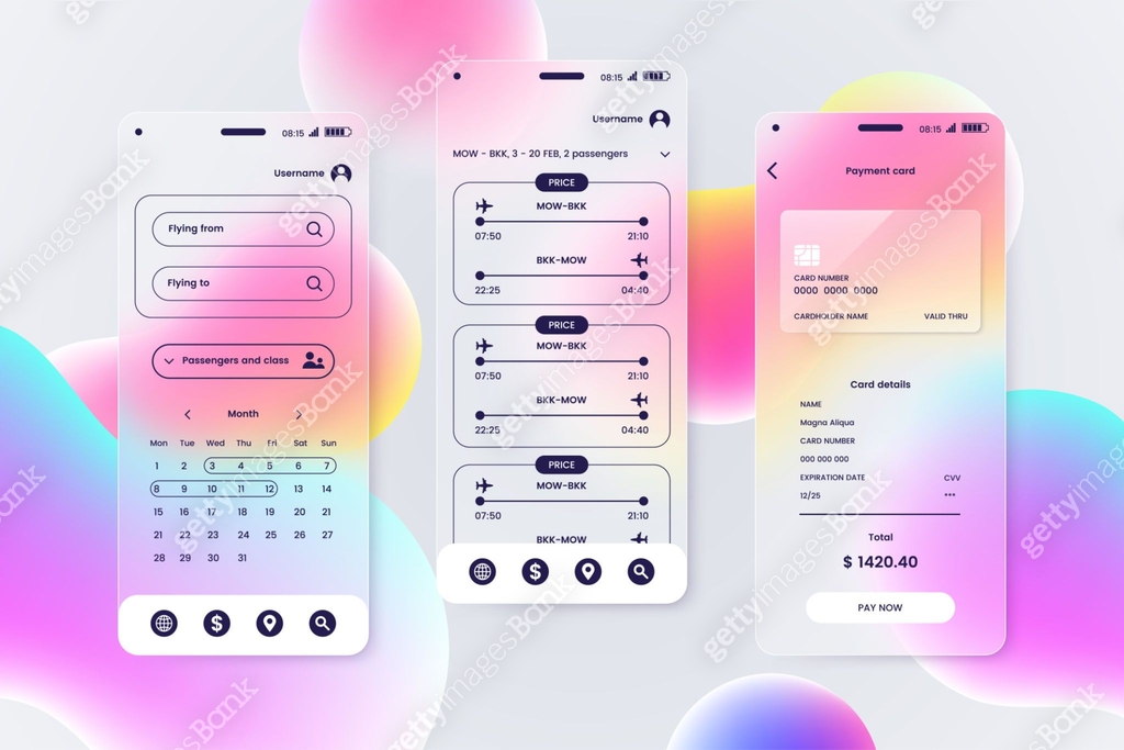 UI UX screens kit in glassmorphism style. Smartphone screen with glass ...