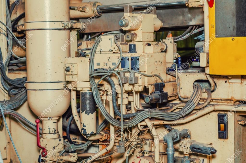 Rear view of industrial equipment. Cables, wires, connections at the ...