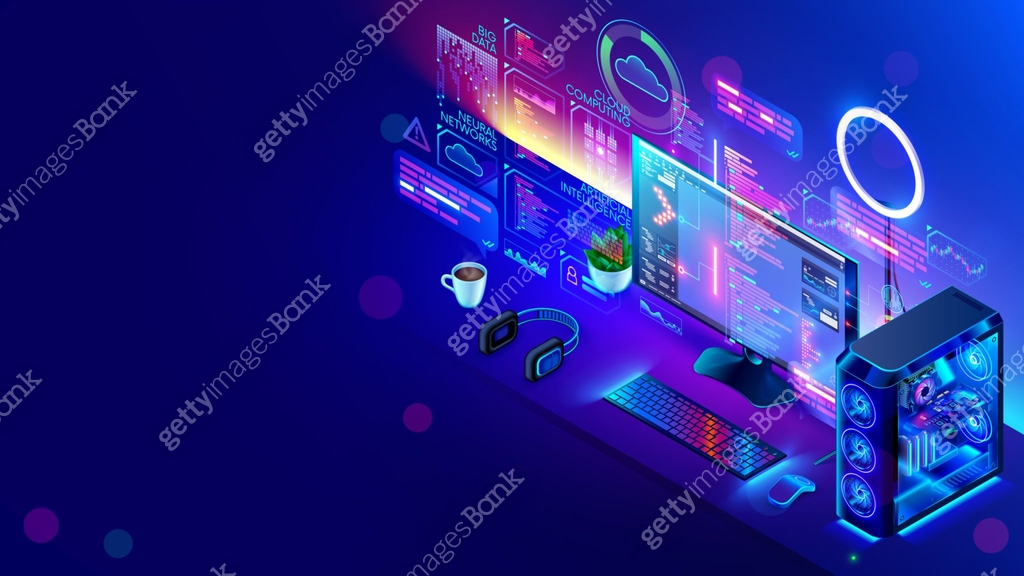 Coding code of program on desktop PC computer of programmer, on desk ...