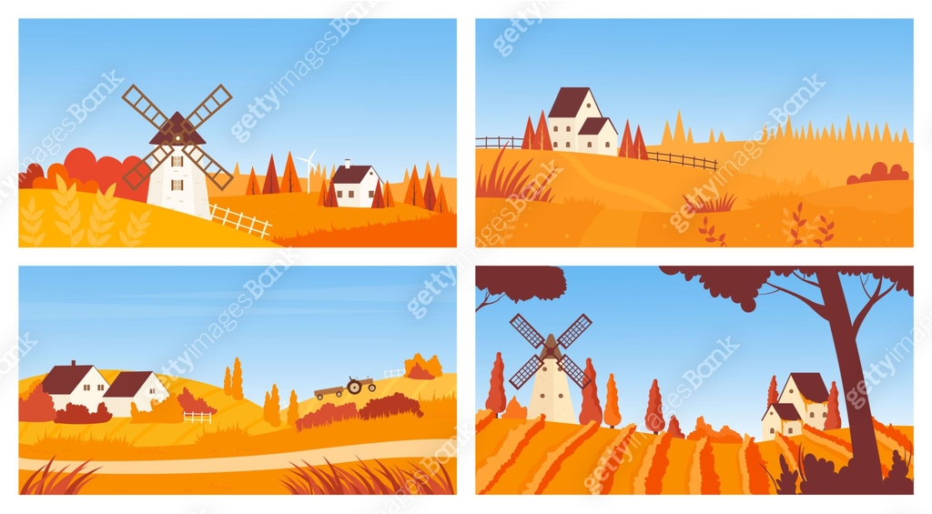 Village autumn landscape with mill, wheat farm field set, agriculture ...