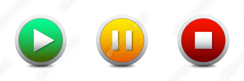 Play, stop, and pause round color buttons. Three media icons. Flat ...