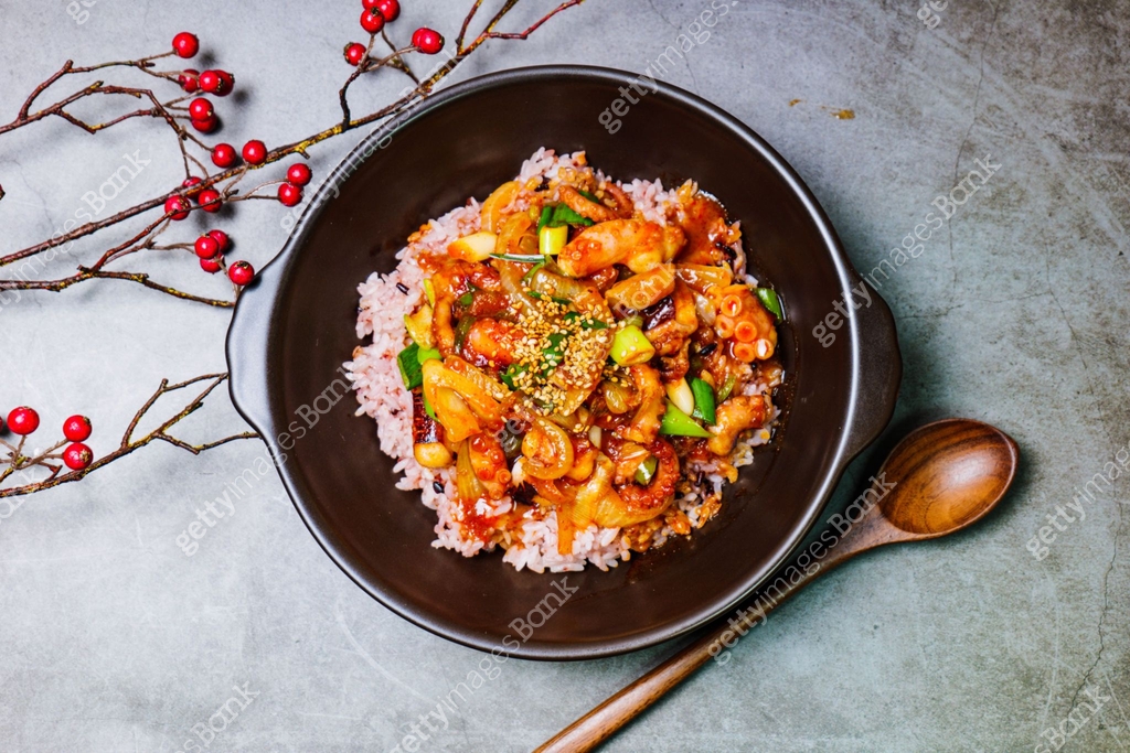 Nakjideopbap, Korean style spicy stir-fried octopus over rice : This ...