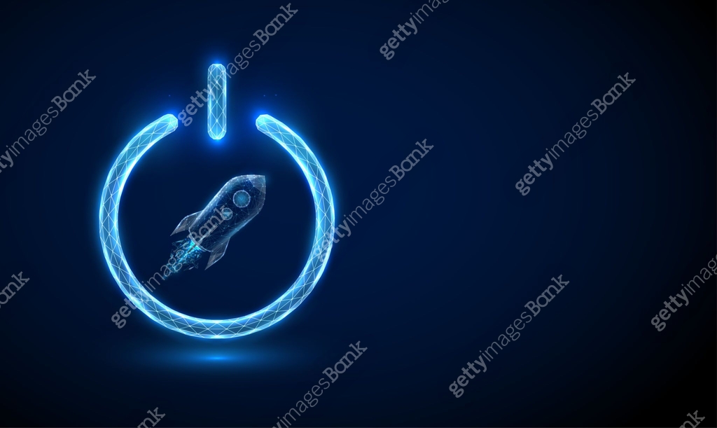 Abstract rocket flying in the space inside power button. 이미지 ...