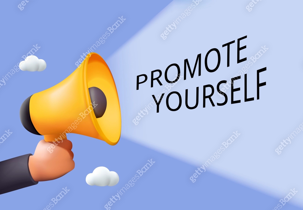 Promote Youself Promote yourself. Marketing, business promotion banner. Hand holding ...
