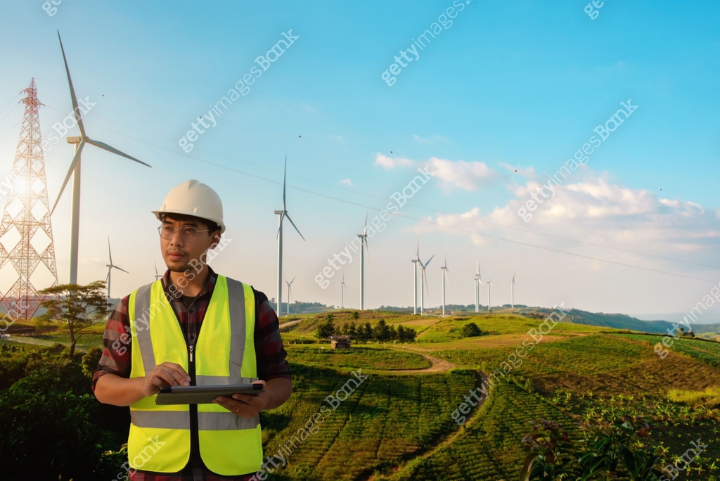Save Engineer Maintenance engineer holding a tablet while working on wind turbine ...