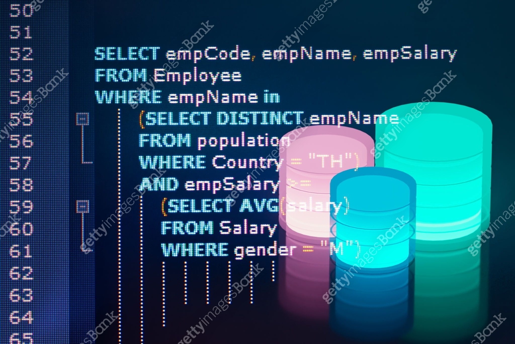 Close-up photo from a computer screen SQL (Structured Query Language ...