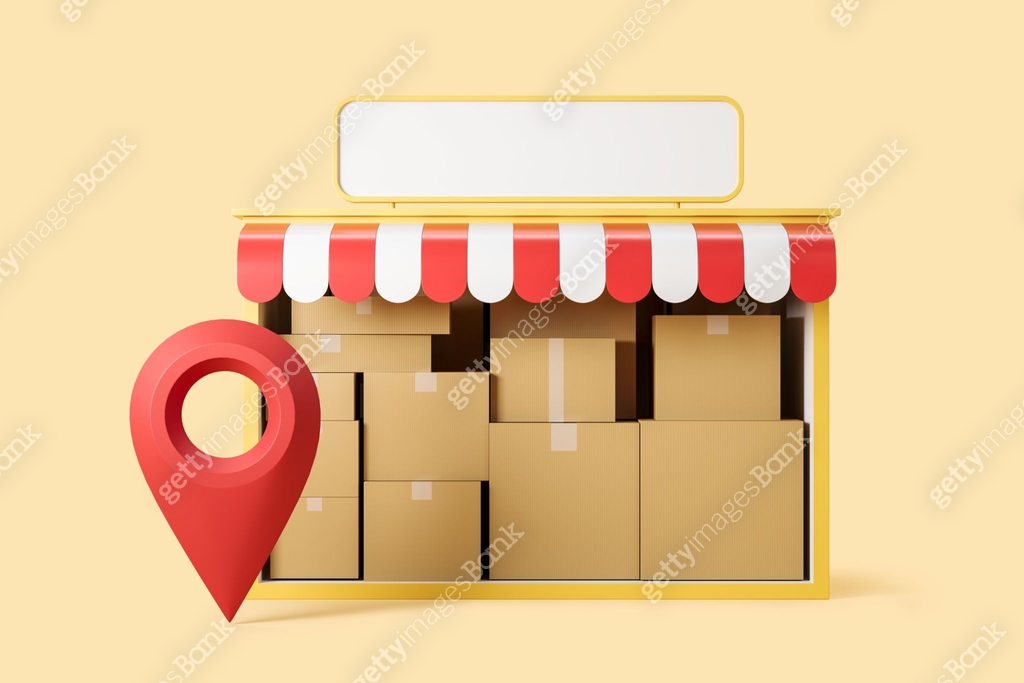 Box Store Background Small store with carton boxes, location pin and mockup banner 이미지 ...