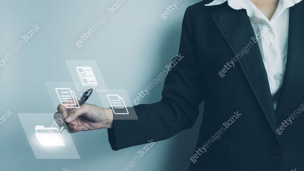 Business woman using touch screen folder manage file,online data ...