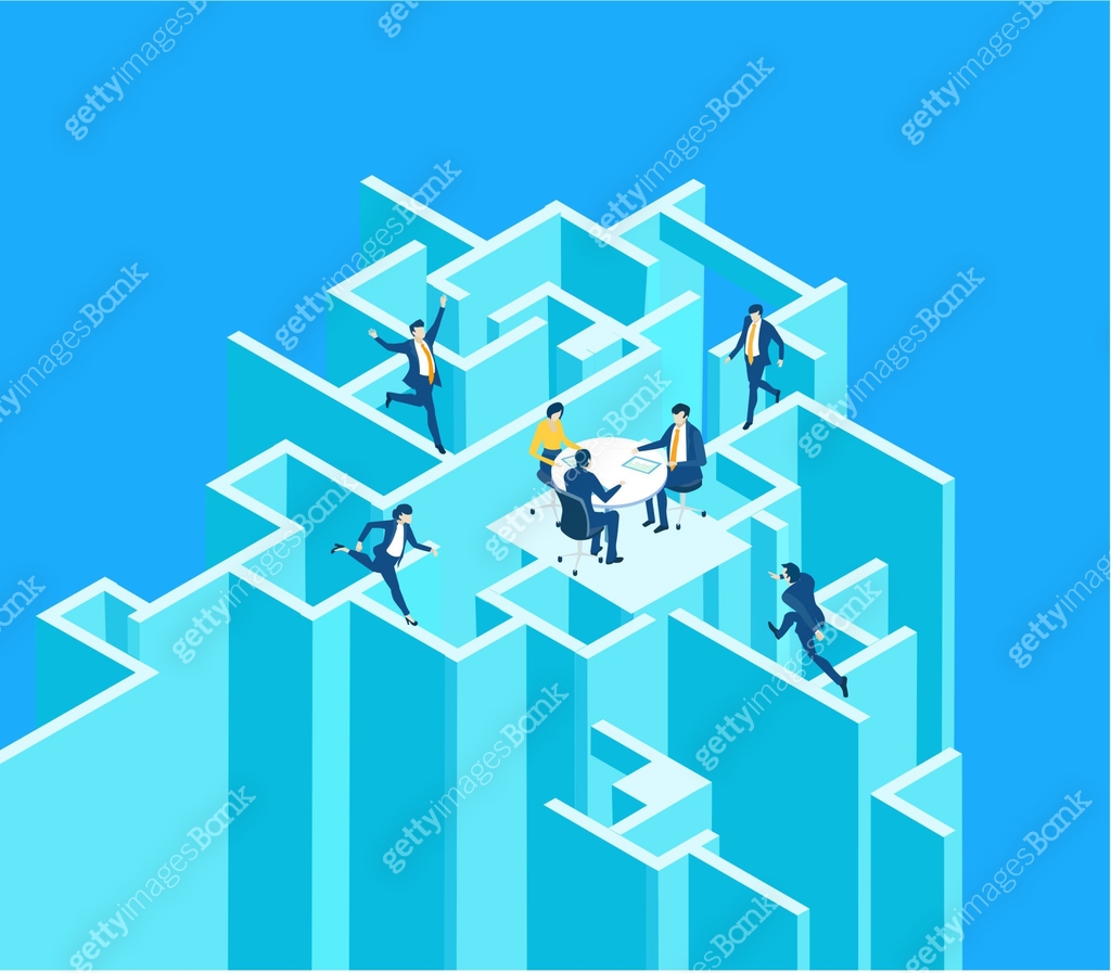 Business people working in labyrinth, work as team, find solution, make ...