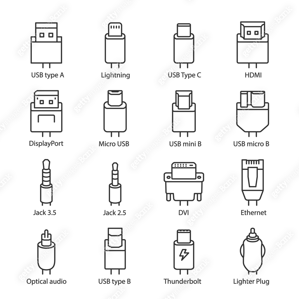 Cable connectors icons set. Different types of device connection ...