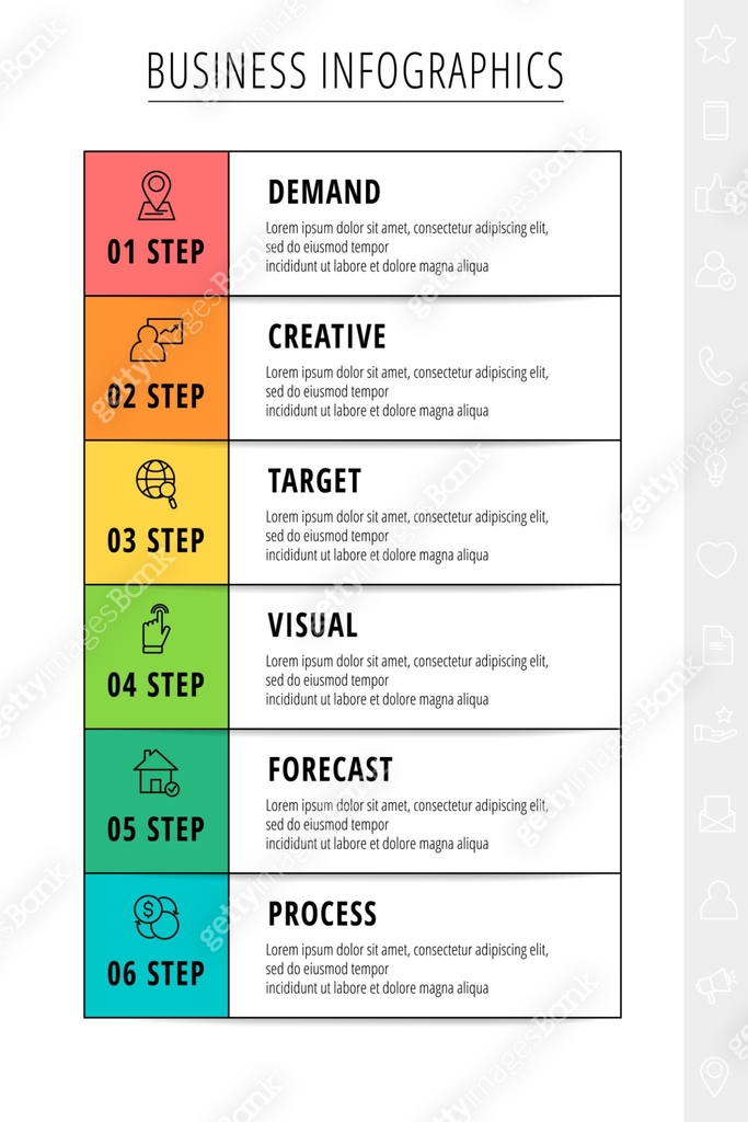 Vector line infographics with six rectangles. Flat chart process ...