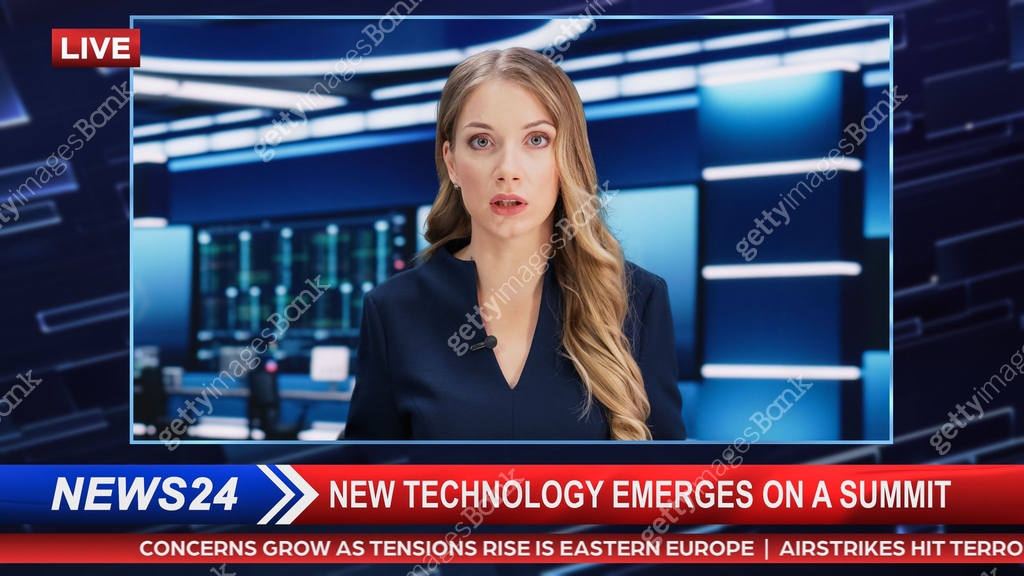 TV Live News Program with Female Presenter Reporting. Television Cable ...