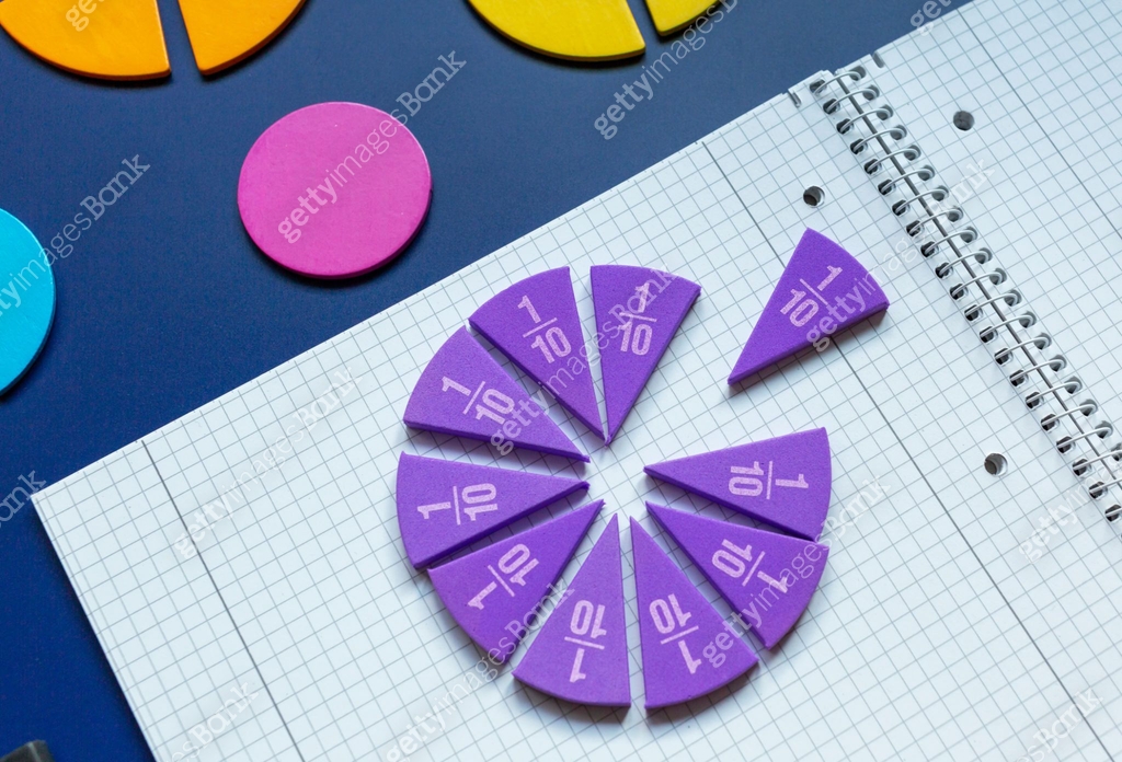 Close up violet pie chart, fractions, open notepad on blue background ...