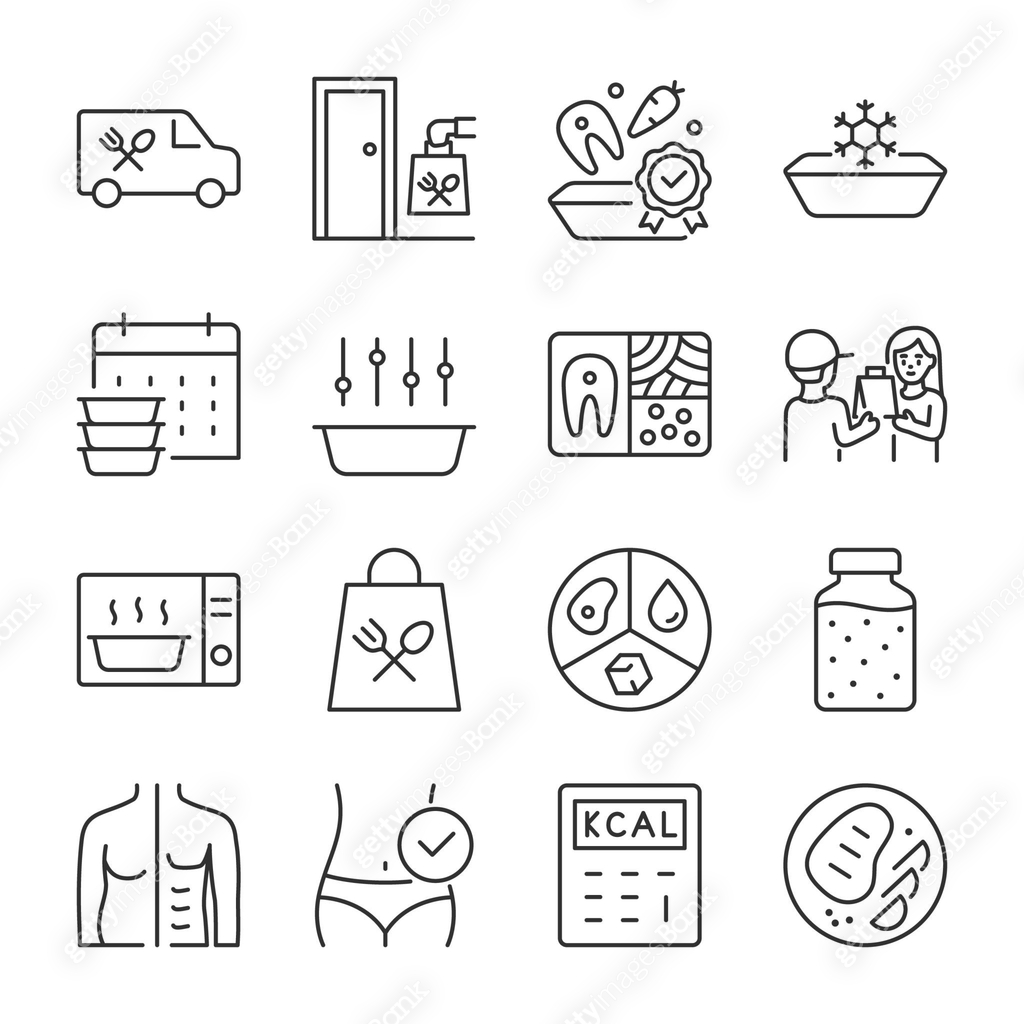 Ready-to-eat meal delivery for the day icons set. Daily food ration ...