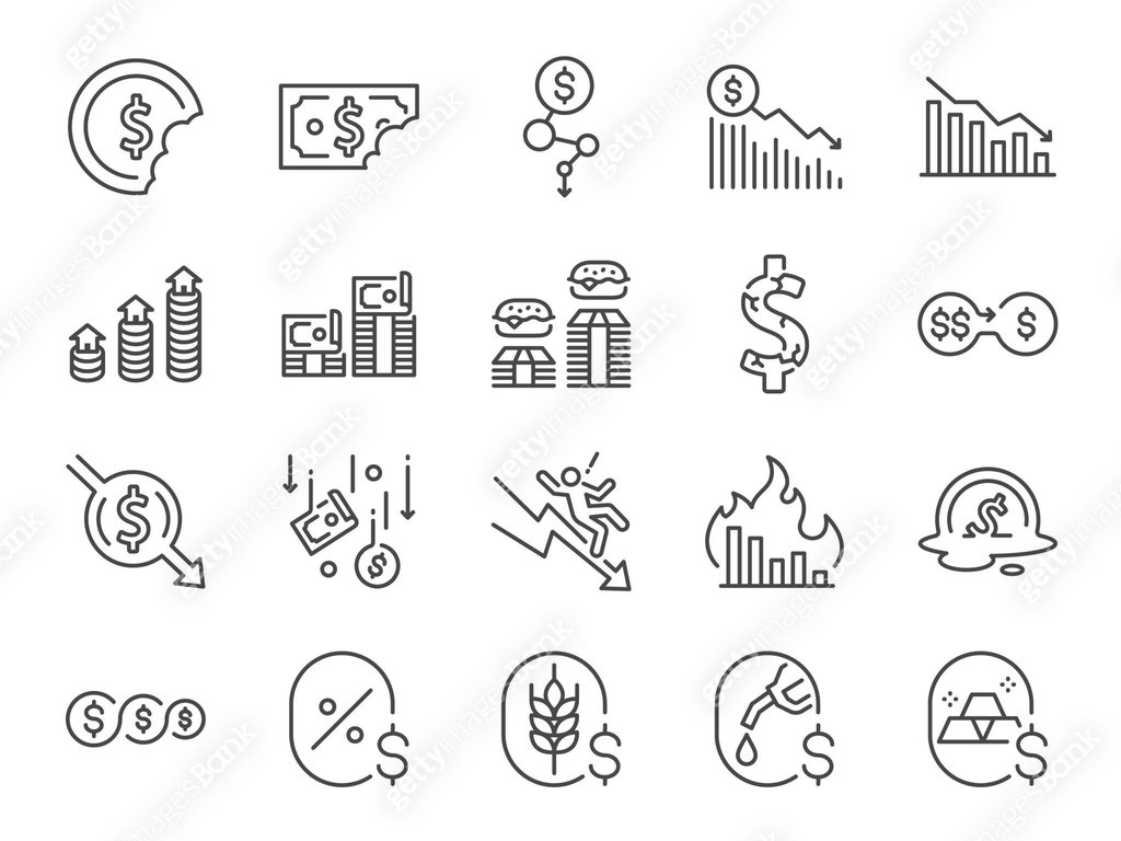 Inflation rate icon set. Included the icons as recession, economic ...