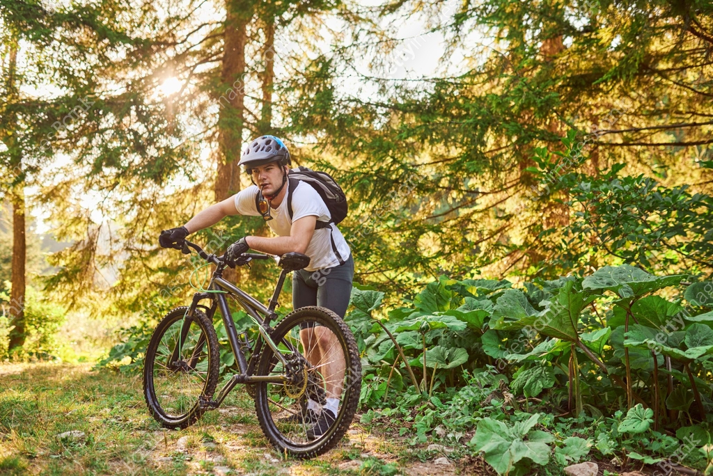 Cyclist resting after strenuous bike ride on forest roads 이미지 ...