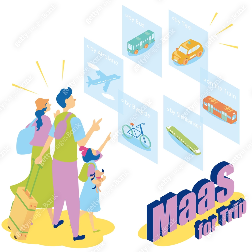 Isometric illustration of MaaS (Mobility as a Service) at a travel ...