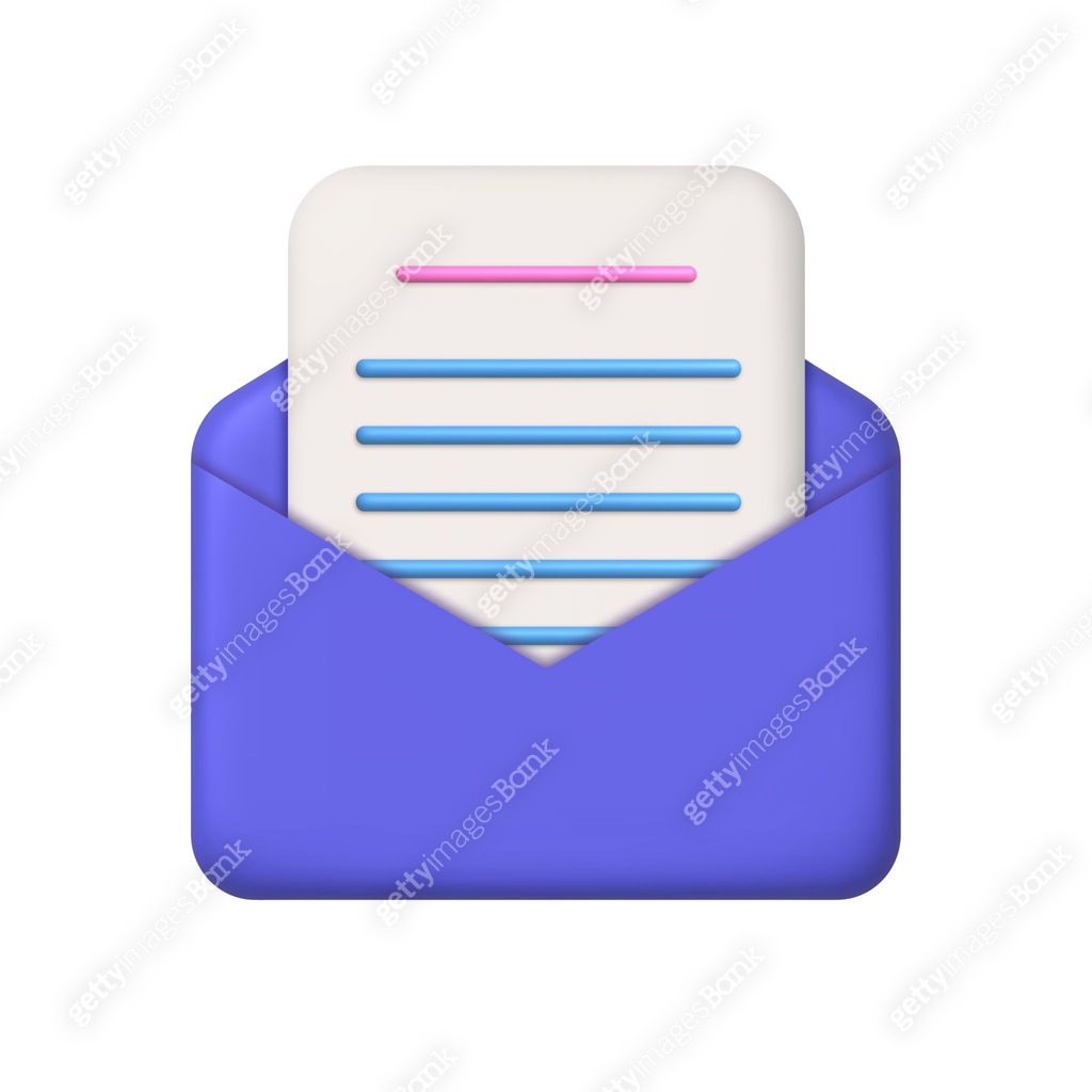 New message 3d icon. Purple open mail envelope and sheet of paper with ...