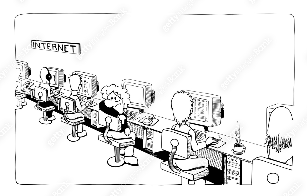 Computer Internet Cartoon People sitting using internet and computers in an old cybercafe ...