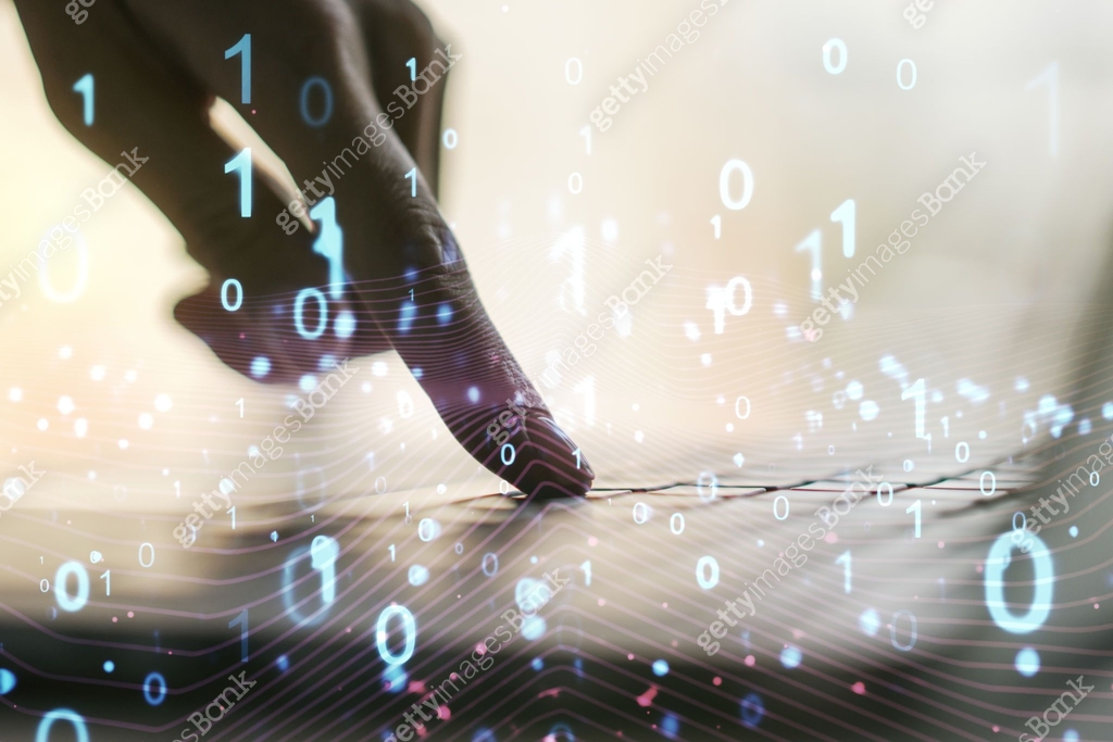 Machine Code Abstract Art Creative abstract binary code hologram and hands typing on computer ...