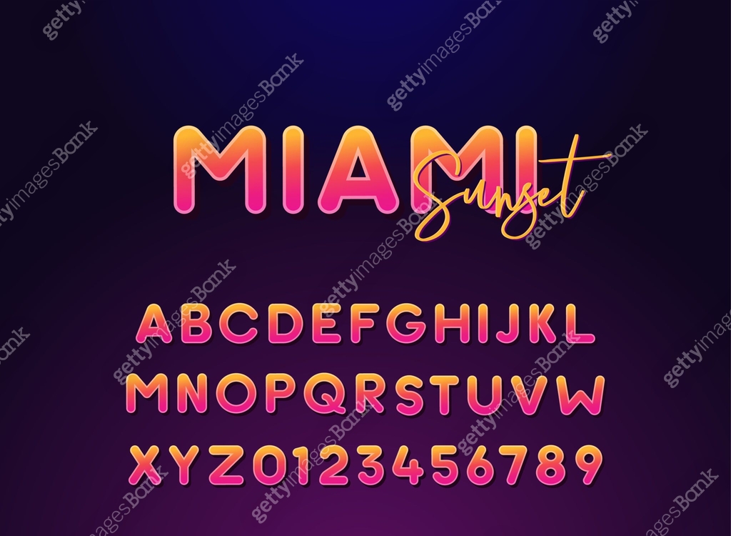Miami sunset lettering typography round alphabet. Vector font for ...