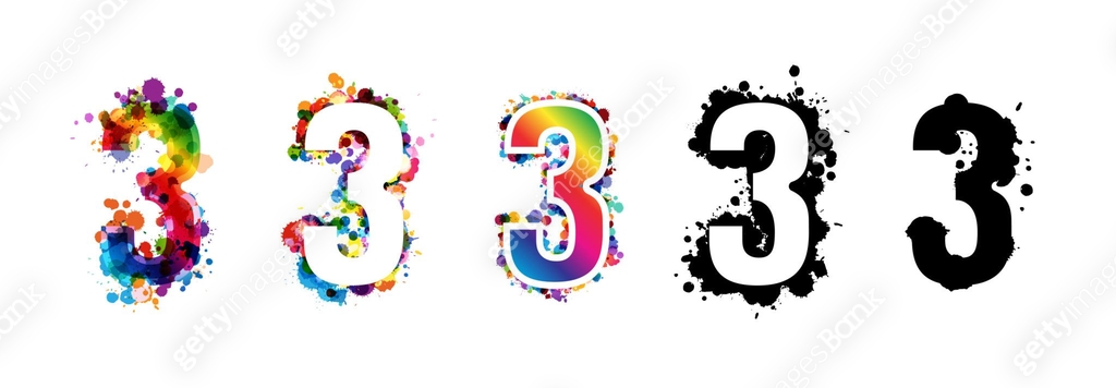 Number Emblems 3 numbers with rainbow and black paint splash decorative elements ...