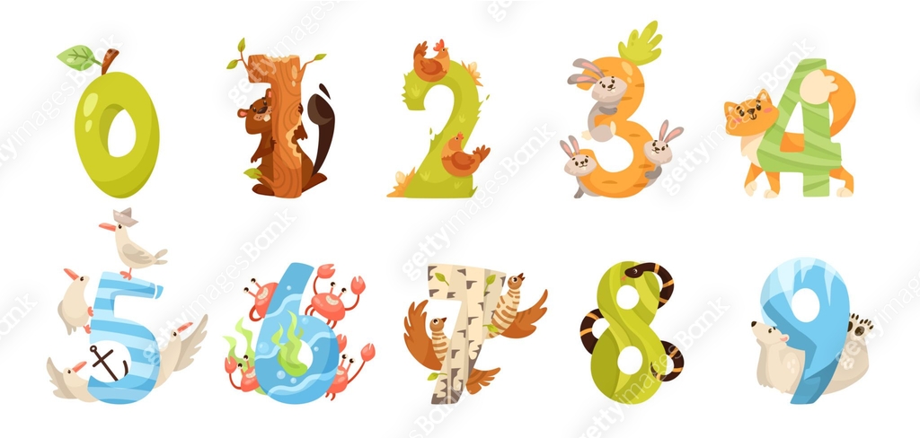 Animal cartoon characters with numbers vector illustrations set 이미지 ...