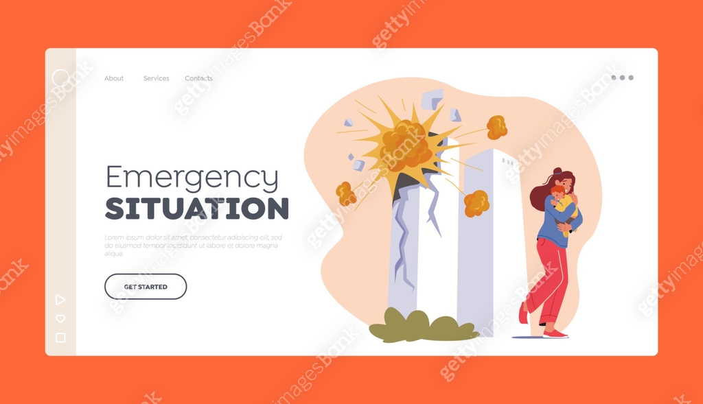 Exploding Out Page Emergency Situation Landing Page Template. Scared Woman with Baby on ...