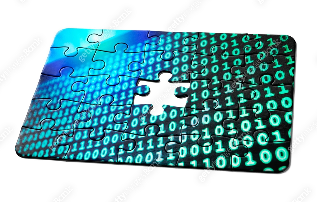 Data puzzle: jigsaw of binary code on computer screen, with one missing ...