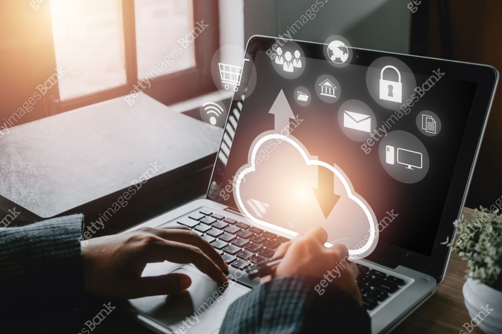 Woman hand using laptop computer with cloud computing icon, Cloud ...
