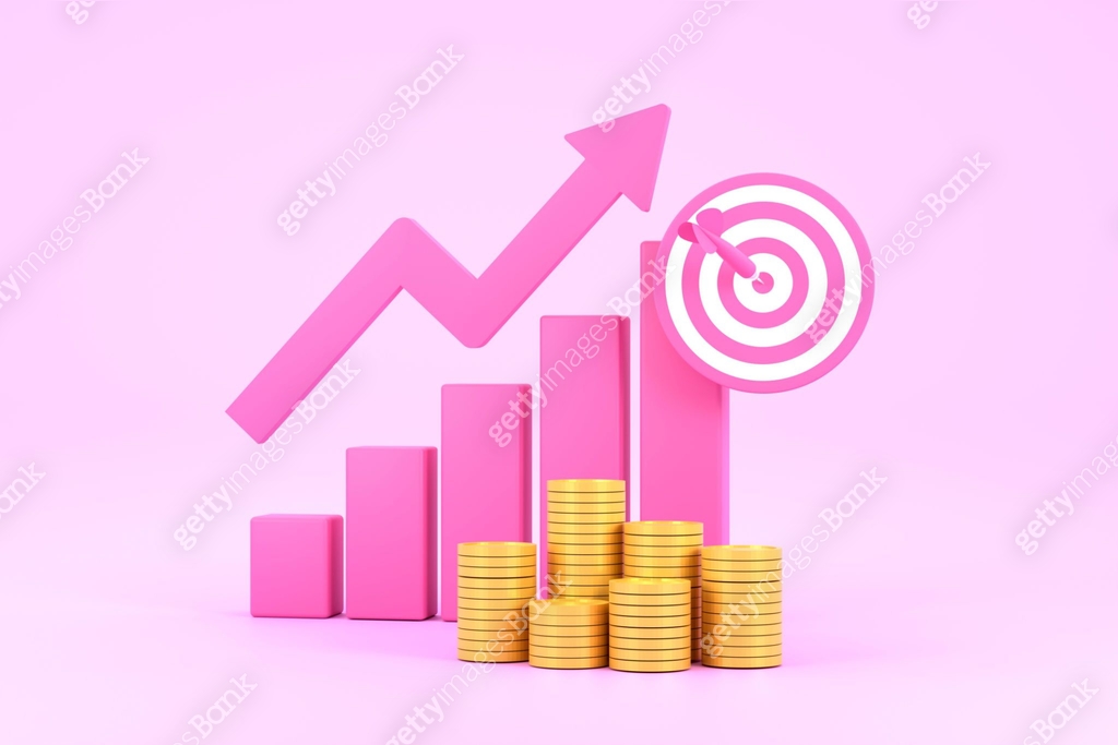 Pink rising arrow, profit bar graph and shield with multiple ...