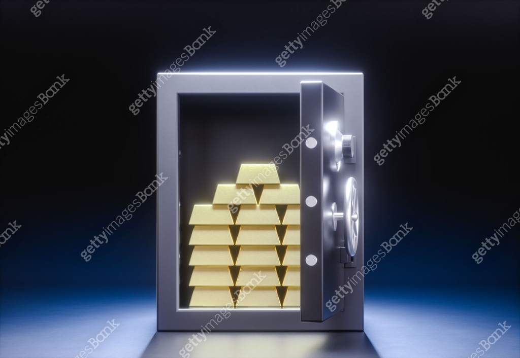 3D illustration. An open safe deposit box with a stack of gold bars ...