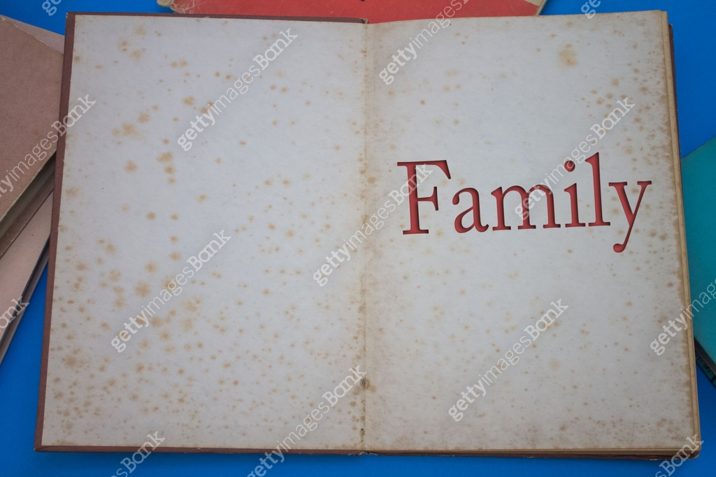 Family word in opened book with vintage, natural patterns old antique ...