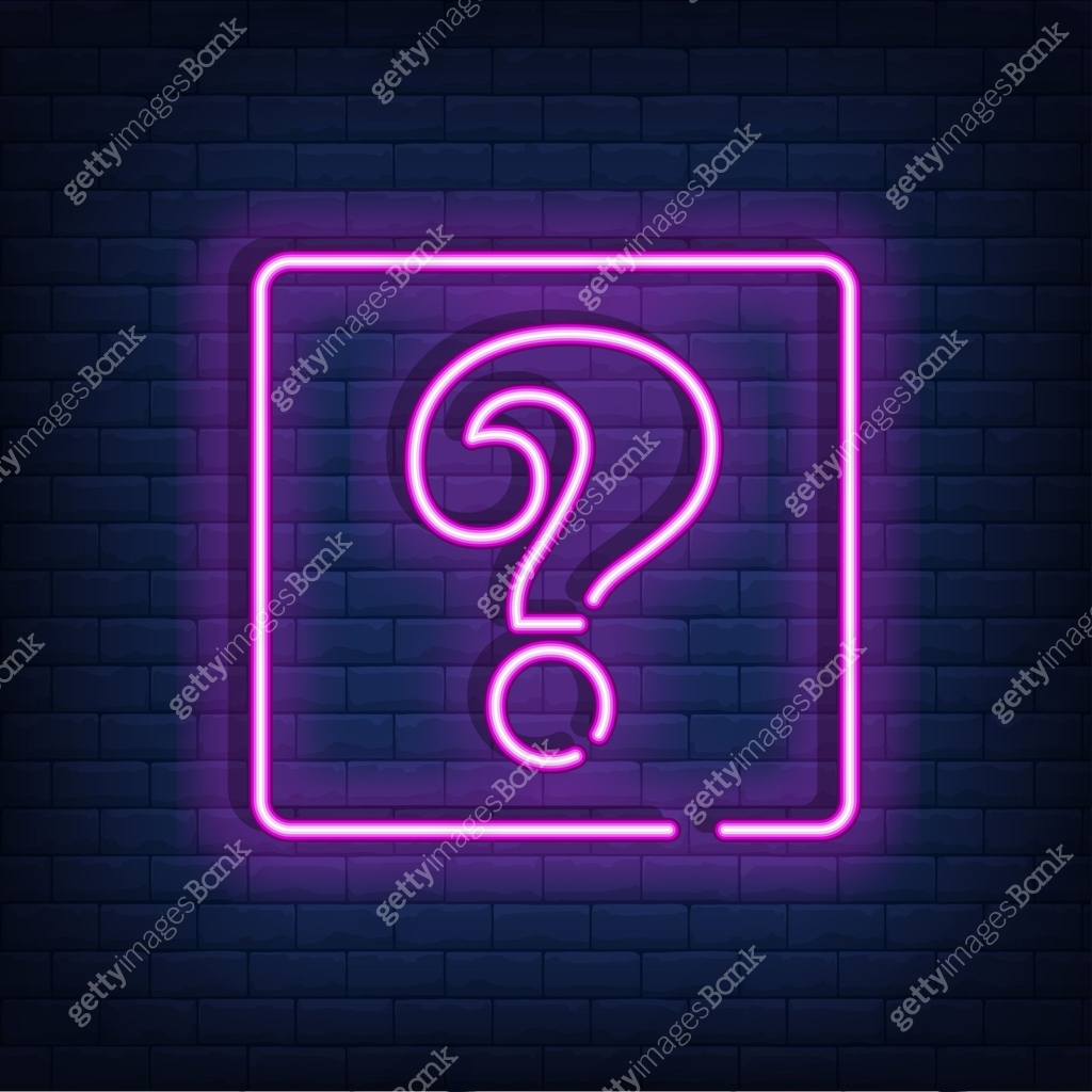 Neon glowing question mark. Quiz neon banner. Color neon frame on brick ...