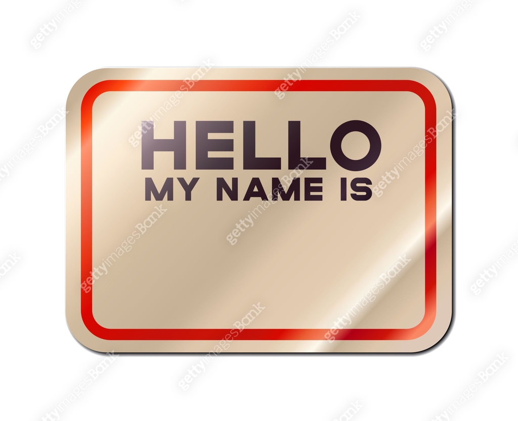 Realistic introduction paper sticker with text "hello my name is" and ...