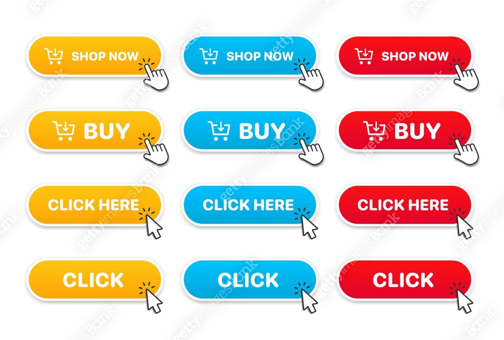 Click Link Button 3d click here web buttons. Set of action button, hand cursor and arrow ...