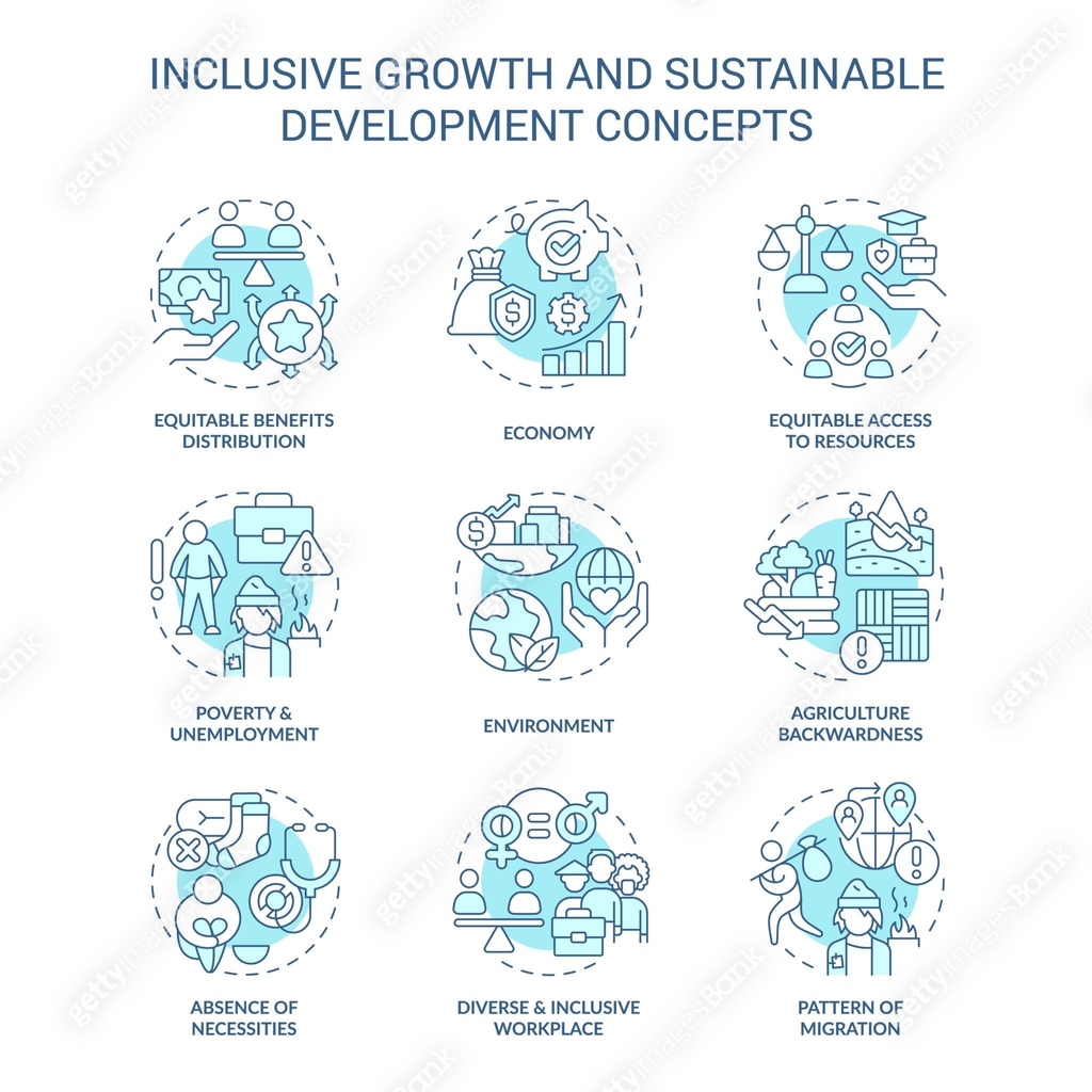 Inclusive growth and sustainable development turquoise concept icons ...